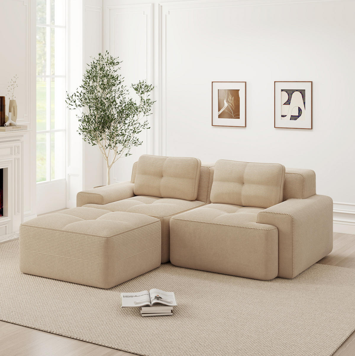 ECKSOFA 204/104/69 cm beige aus Cord mit Tiefsitz und modularem Design - Beige, Textil (177/204cm) - OKWISH