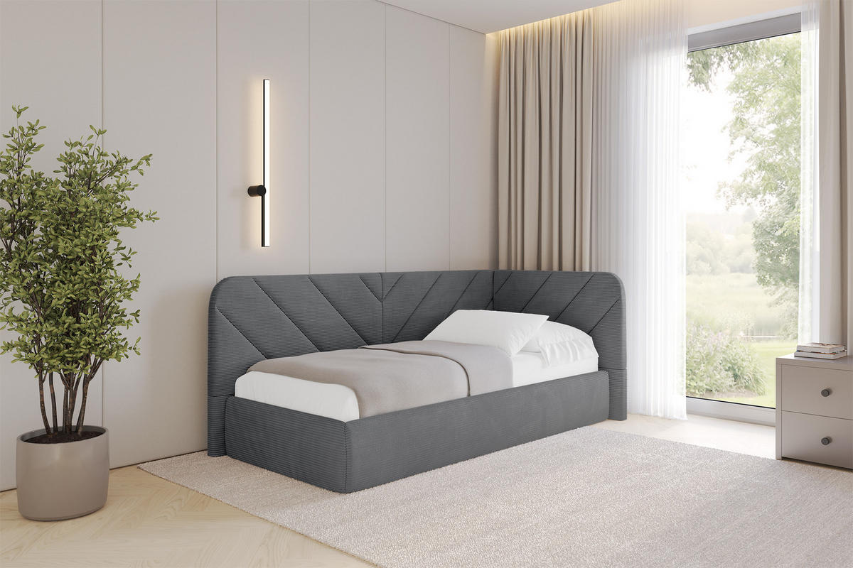 EINZELLBETT Jugendbett mit Bettkasten und Matratze H3/H4, Links - FIKY 90x200 Dunkelgrau - Graphitfarben, Holzwerkstoff/Textil (90/200cm) - ALTDECOR