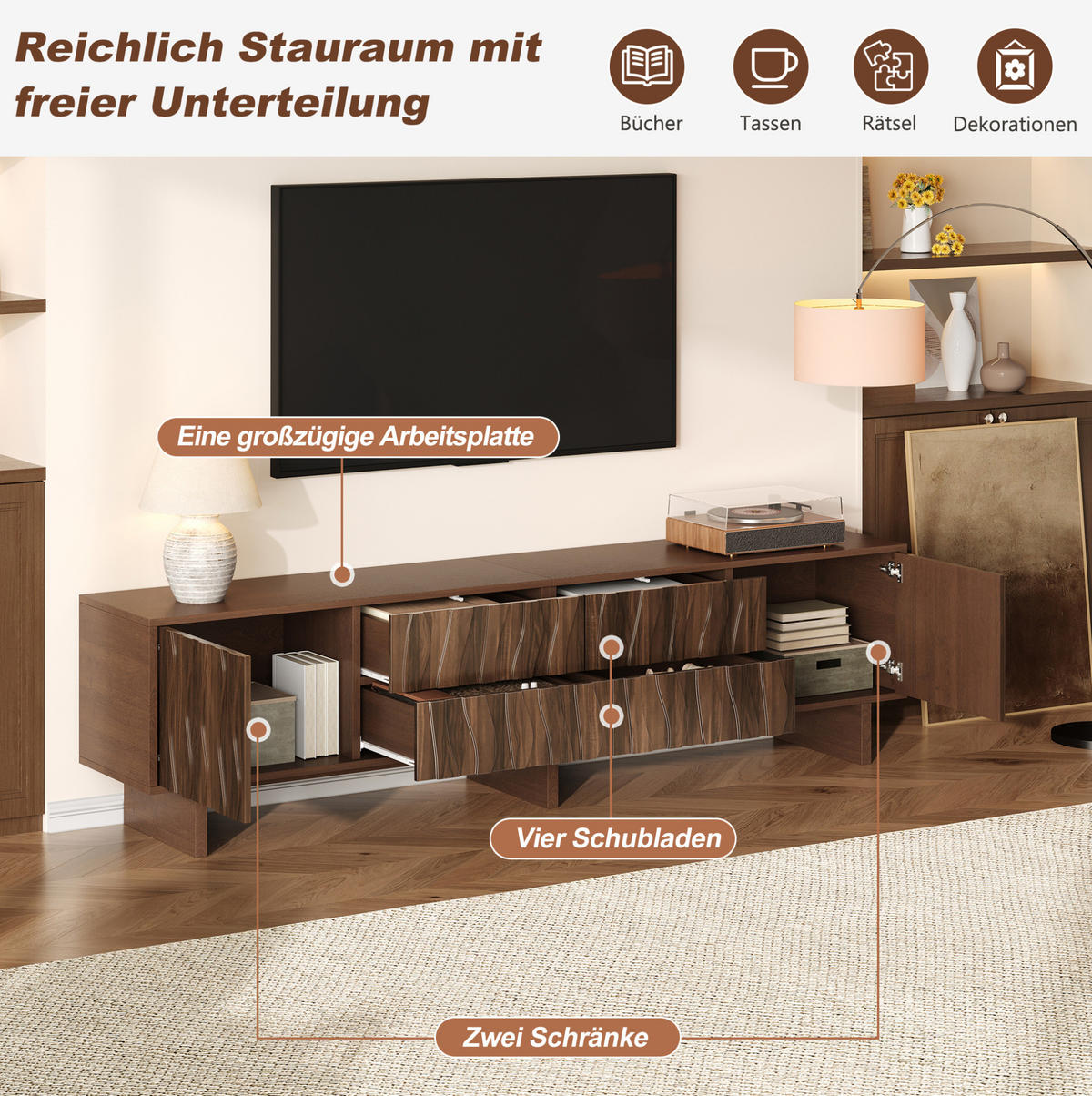 TV-LOWBOARD aus Spanplatte 180x40x56 cm Walnuss mit 4 Schubladen und 2 Türen - Braun, Holzwerkstoff (180/56/40cm) - IVMEU