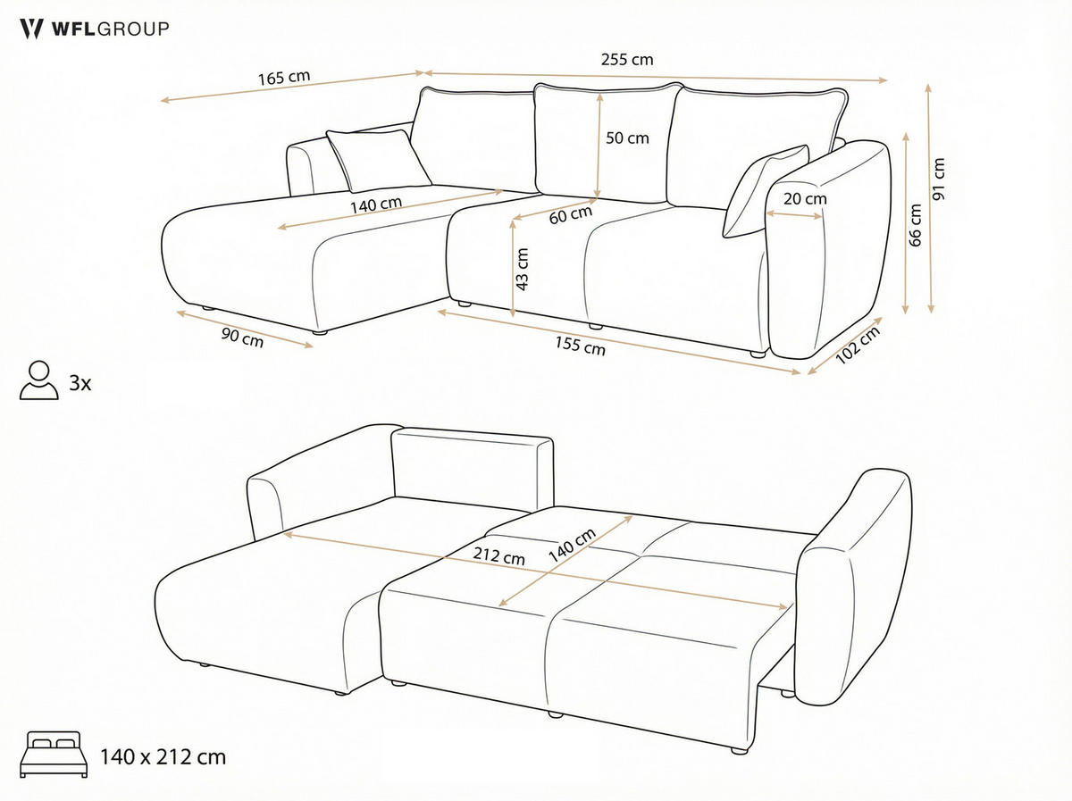 ECKSOFA Fabio mit Bettkasten, Strukturiert Ecru 255/165/91 cm - Ecru/Schwarz, Textil (255/165cm) - WFL GROUP