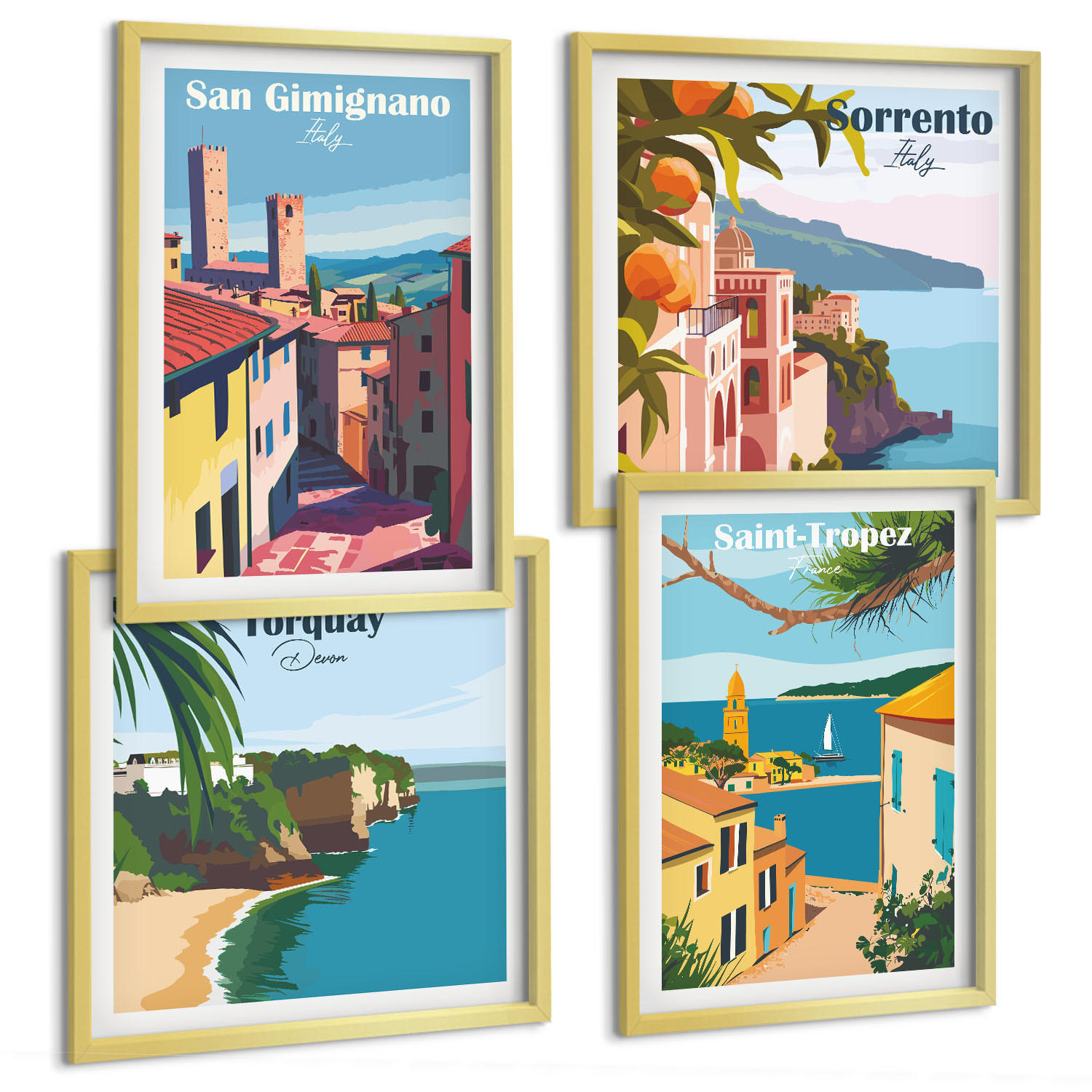 BILDER SET 4er Set - 50x50 cm & 40x60 cm Goldrahmen - Italienische Küstenstädte - Goldfarben, Kunststoff (50/50cm) - TULUP