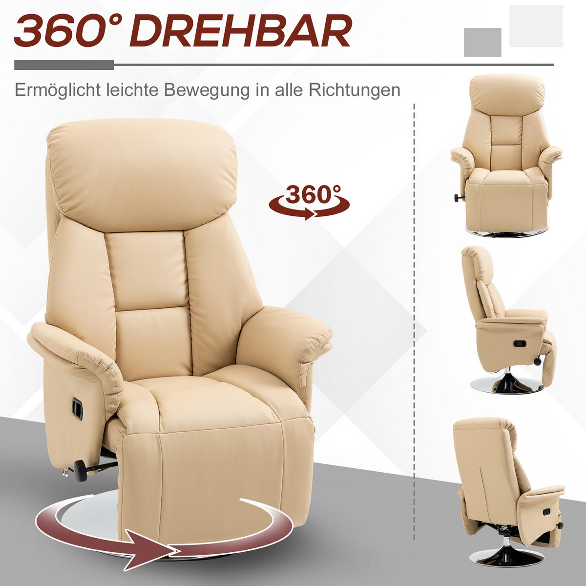 RELAXSESSEL, Fernsehsessel mit manuell Verstellbarer Rückenlehne, Fußteil, Beige - Beige/Silberfarben, Metall (78/109/80cm) - HOMCOM