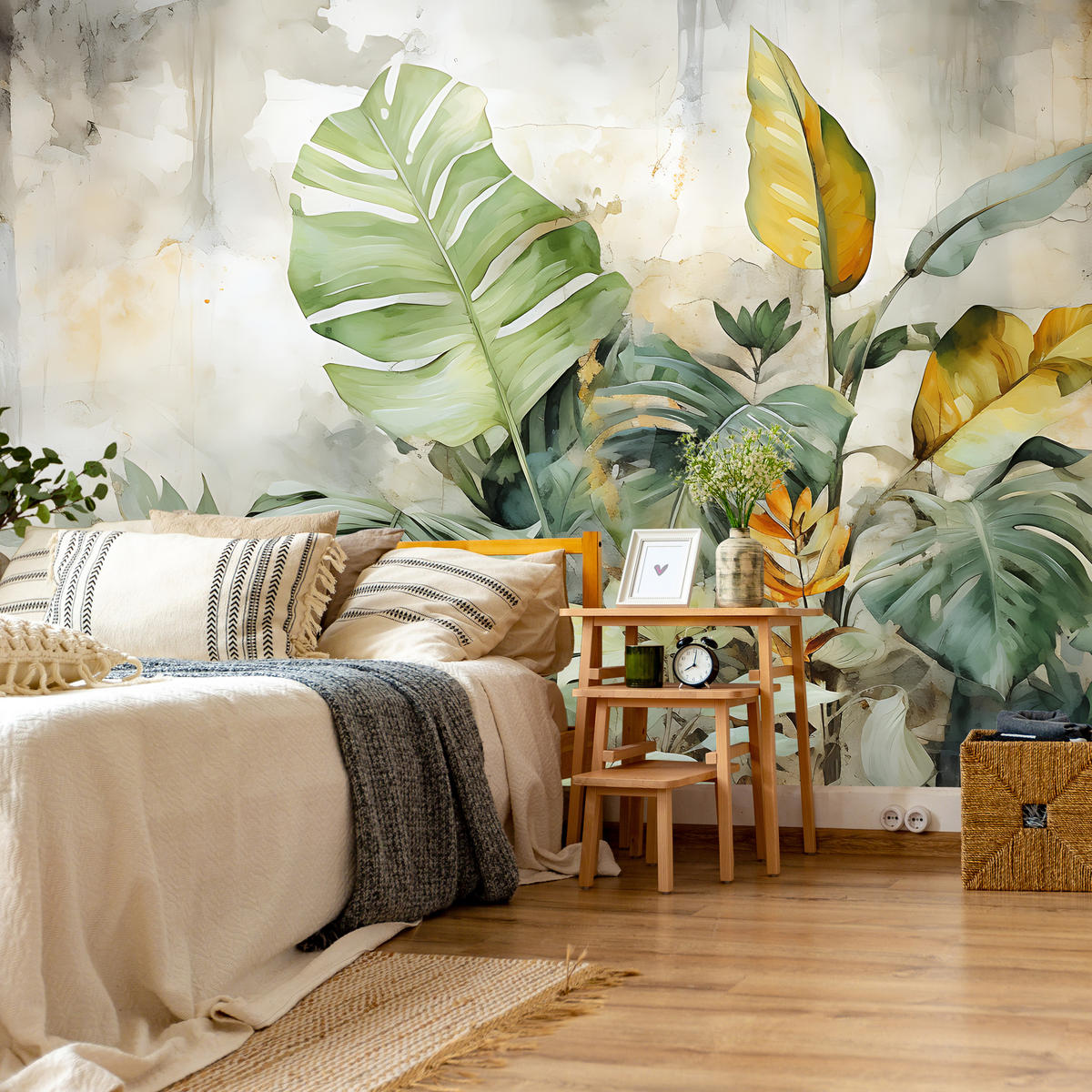 FOTOTAPETE für Wohnzimmer Tropische Blätter Aquarell Abstrakt 150x105 - Gelb/Beige, Papier (150/105cm) - Muralo