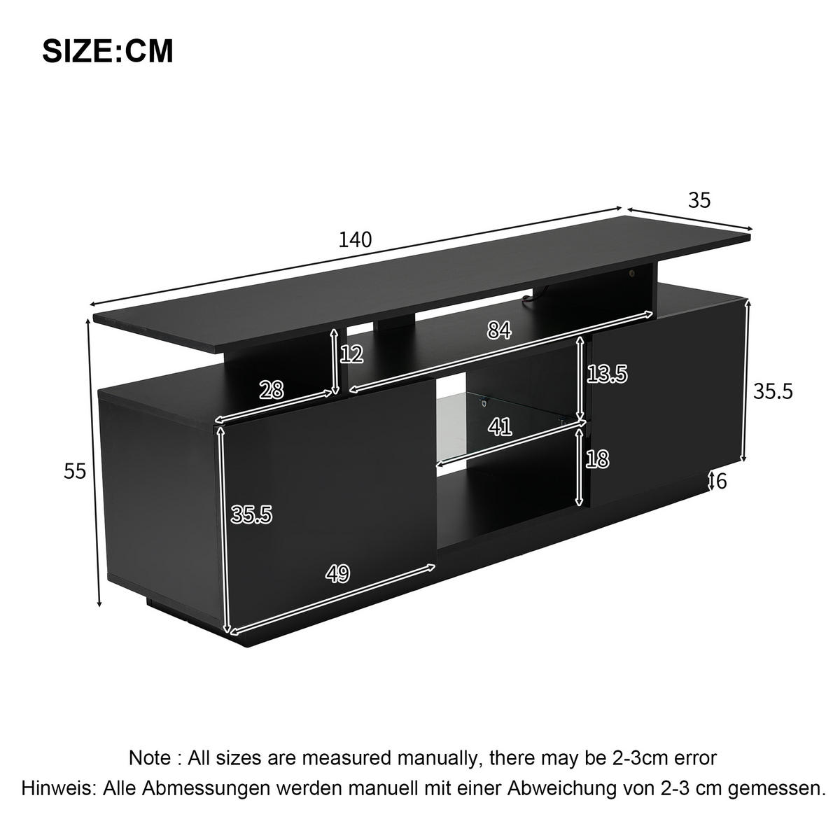 TV-SCHRANK 140cm 16-Farben LED Hochglanz Glasfach Schwarz - Schwarz, Holzwerkstoff (35/55/140cm) - FLIEKS