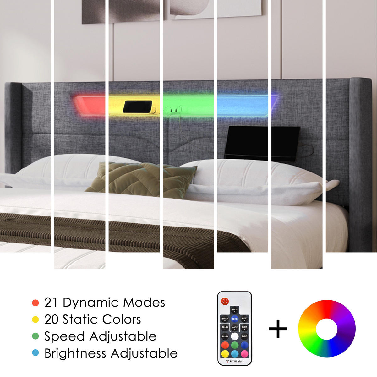 POLSTERBETT 140/200 cm Grey mit USB Typ C Ladefunktion und LED-Beleuchtung, Ohne Matratze - Grau, Textil (140/200cm) - Oxeza
