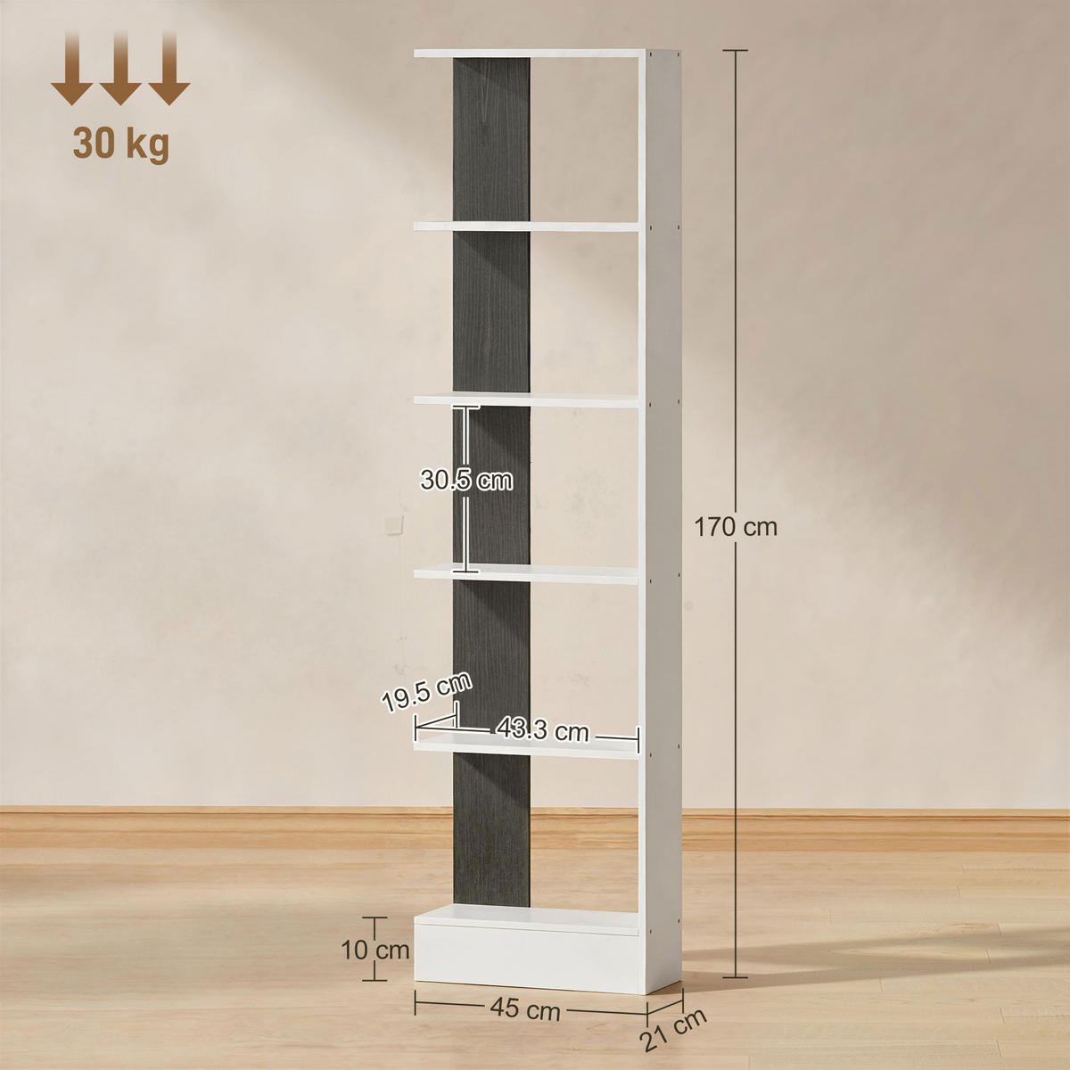 BÜCHERREGAL,5-STÖCKIG 45x21x170cm,schwarz-weiß - Schwarz, Holzwerkstoff (45/170/21cm) - Vallsero