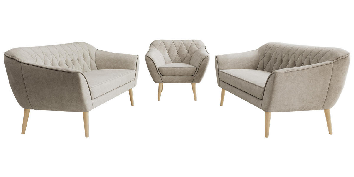 SEDACIA ZOSTAVA 3+3+1 PIRS - Sivobéžová Štruktúrovaná látka - Drevené nohy - farba buka/sivobéžová, kompozitné drevo/textil (180/75/74cm) - MKS