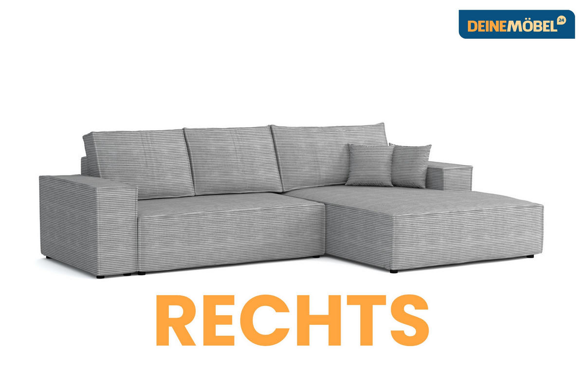 ECKSOFA MARCO 294/185 in Cord Hellgrau mit Schlaffunktion rechts - Hellgrau, Holz/Holzwerkstoff (294/185cm) - Deine Möbel 24