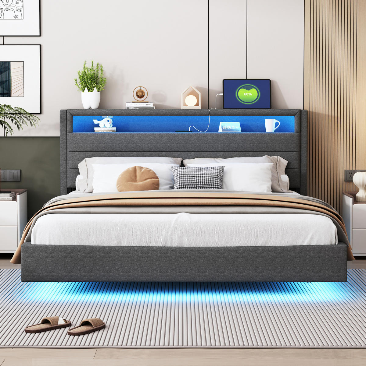 POLSTERBETT 160/200 cm mit LED-Beleuchtung, USB-Anschluss und gepolstertem Kopfteil - Grau, Textil (160/200cm) - BEAOK