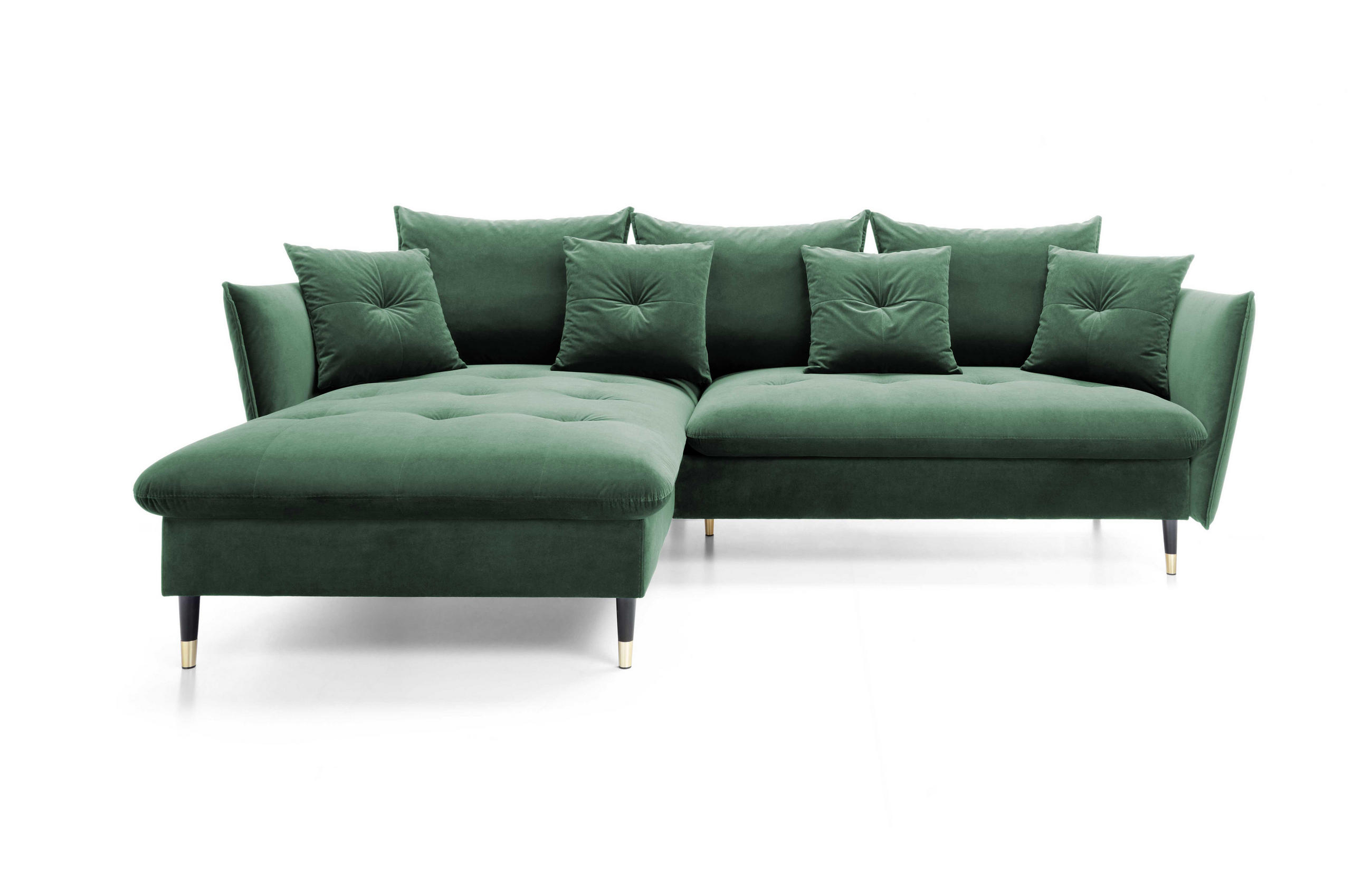 ECKSOFA GLAM mit Schlaffunktion, Ottomane & goldenen Füßen – Samtsofa im Glamour-Stil mit Zierkissen, 258x167x91cm, Linke, GRÜN - Grün, Holz/Textil (167/258cm) - DomoHome