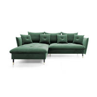 ECKSOFA GLAM mit Schlaffunktion, Ottomane & goldenen Füßen – Samtsofa im Glamour-Stil mit Zierkissen, 258x167x91cm, Linke, GRÜN - Grün, Holz/Textil (167/258cm) - DomoHome
