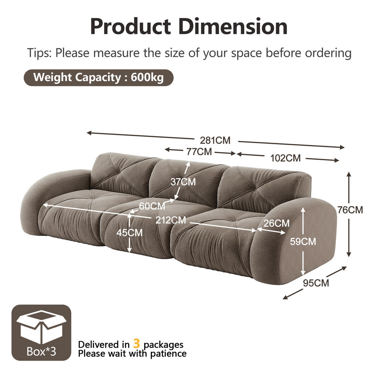 3-SITZER Sofa 281×95×76 cm Chenille rahmenlos modular, braun - Braun, Textil (95/76/281cm)