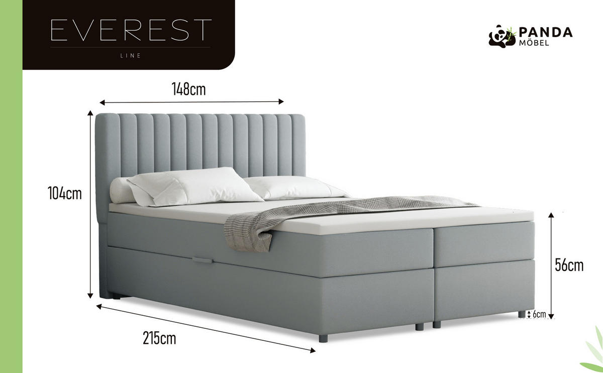 BOXBETT Everest grau 140 x 200 cm Doppelbett mit hochwertiger Bonell-Matratze und Topper - Hellgrau, Holz (140/200cm) - Panda Möbel