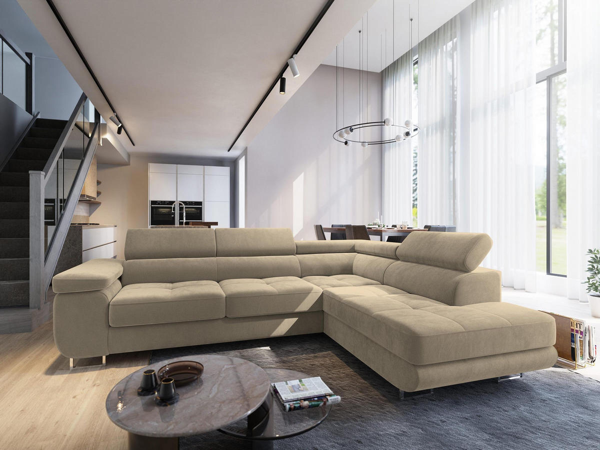 ECKSOFA SELVA R-S Creme Velours-Stoff mit Schlaffunktion - Creme, Holz (275/202cm) - MASSENO