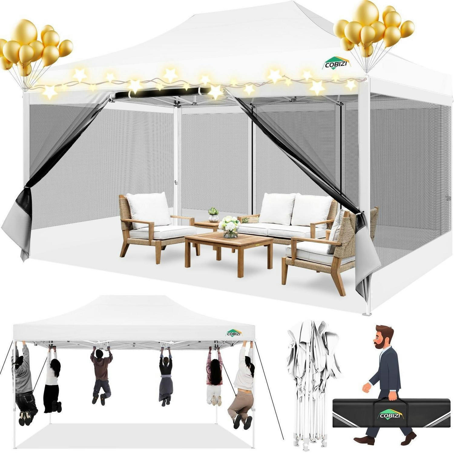 GARTENPAVILLON 300 x 450 cm Wasserdicht mit 4 Netz-Seitenwänden Khaki Weiß - Weiß, Textil (300/335/450cm)