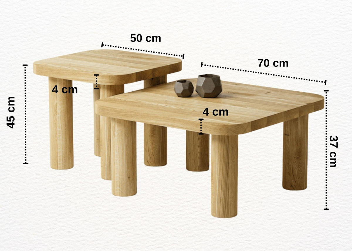 COUCHTISCH SET Eichenholz vollmassiv quadratisch Naturbelassenen 70/70/37 - Naturfarben, Holz (70/70/37cm)