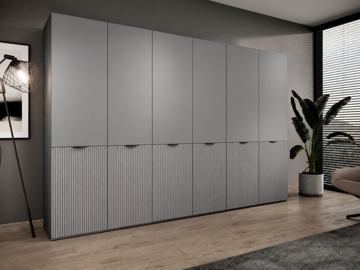 KLEIDERSCHRANK ZEN (Modular, Grau Matt, Rillenfront, 6-türig) - Schwarz/Grau, Holz/Holzwerkstoff (303/200/51cm) - Ravio