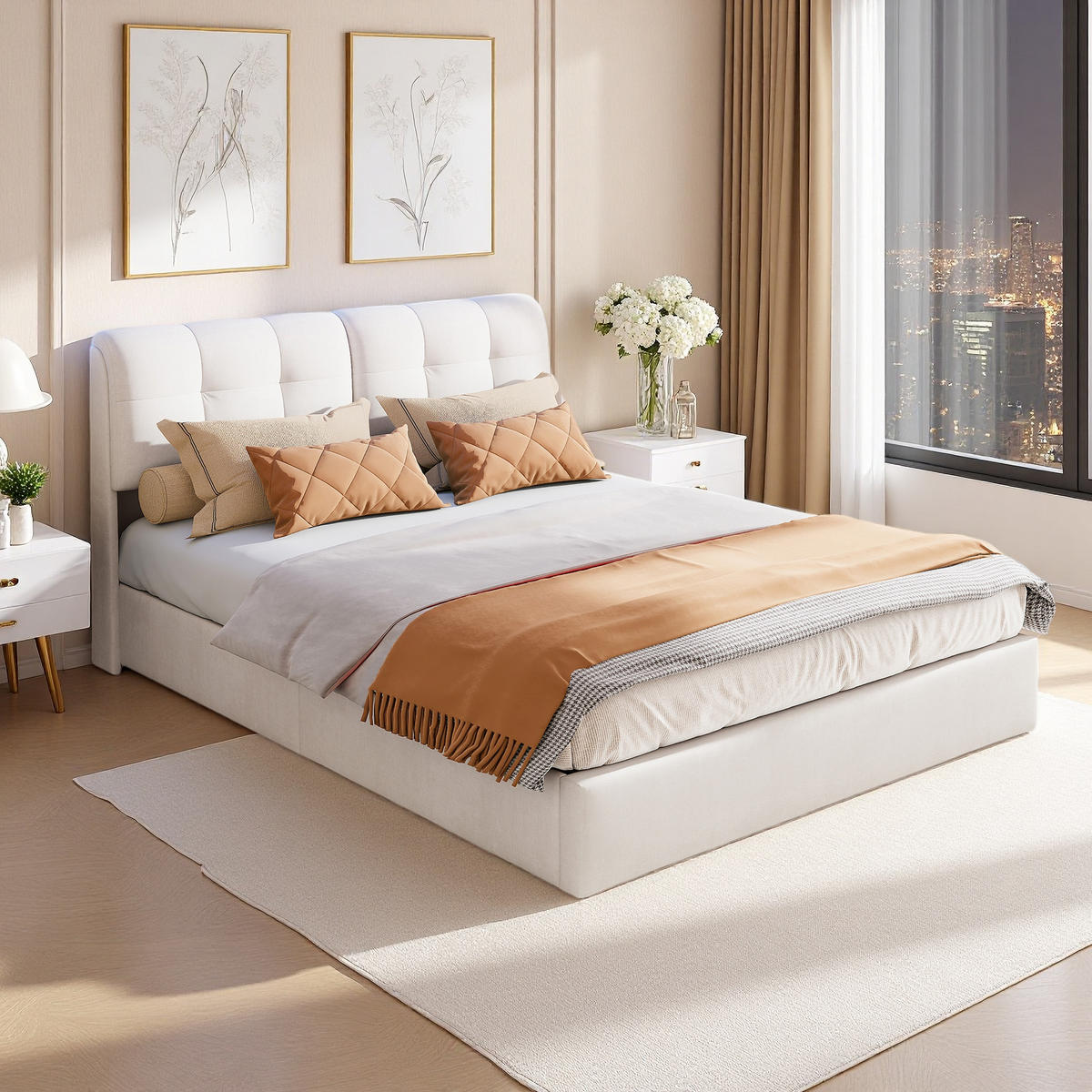 POLSTERBETT 140x200 cm LED Hydraulik Stauraum Rückenlehne Samt beige - Beige, Holz (140/200cm) - LEBENLANG