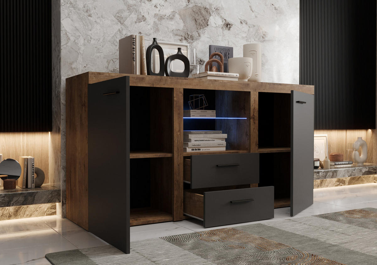 KOMMODE London LRK mit 2 Türen, Sideboard in Farbe: Dunkelgrau|Braun, Größe: 156 x 82 x 40 cm - Dunkelgrau/Braun, Holzwerkstoff (156/82/40cm) - O-Sofa