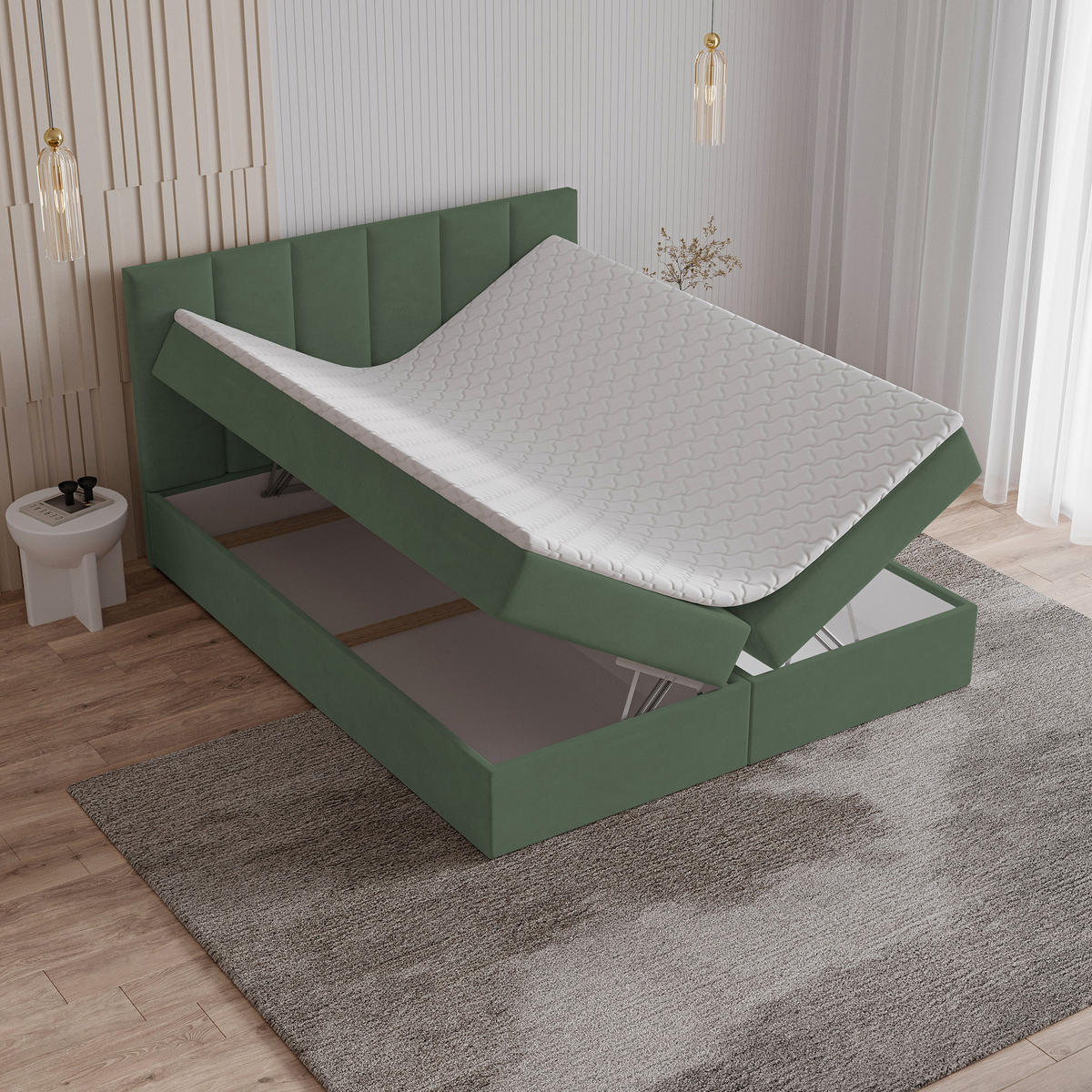 BOXBETT MERIL 180x200 cm mit Matratze und Topper - Grün - Grün, Holz (180/200cm) - MASSENO