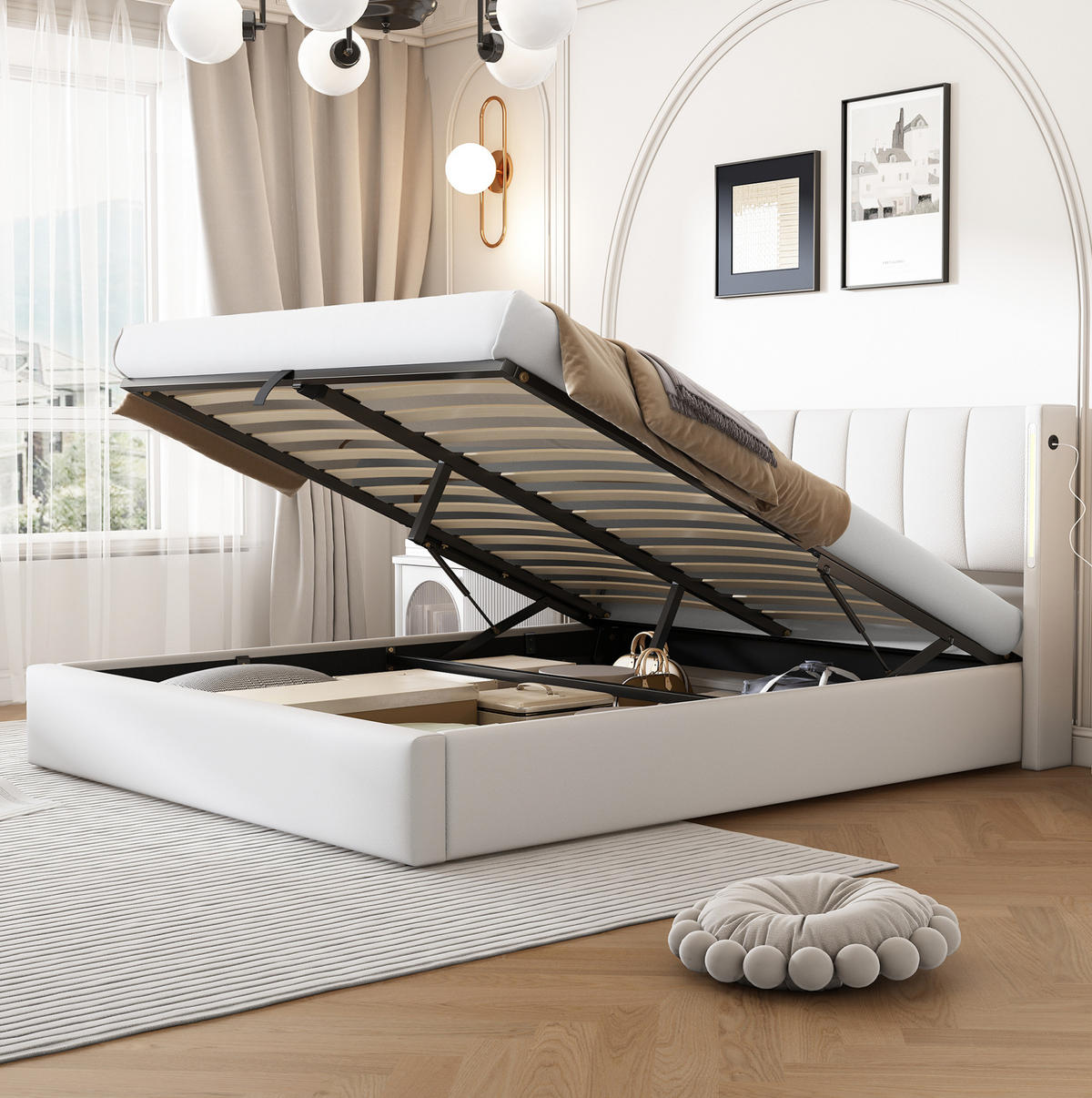 POLSTERBETT aus PU 160x200 cm Weiß mit USB-Anschluss, LED-Beleuchtung, verstellbarem Kopfteil und Bettkasten - Weiß, Kunststoff (160/200cm) - Modfu
