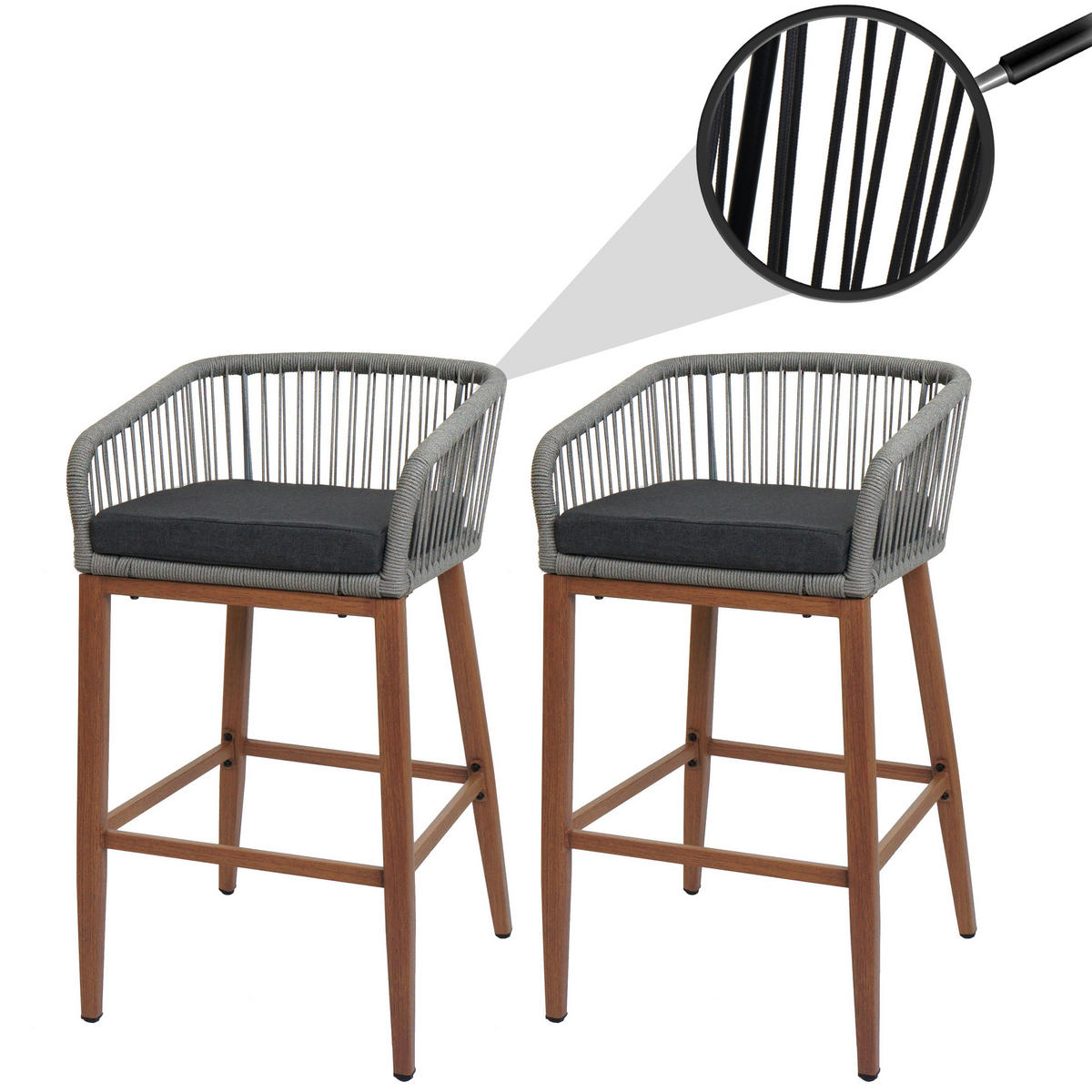 GARTENSTUHL 2er-Set HxBxT 92x51x53cm Sitzhöhe 76cm Hellgrau Kissen Dunkelgrau Seilgeflecht Metall Holz-Optik - Hellgrau, Metall (51/92/53cm) - PROREGAL