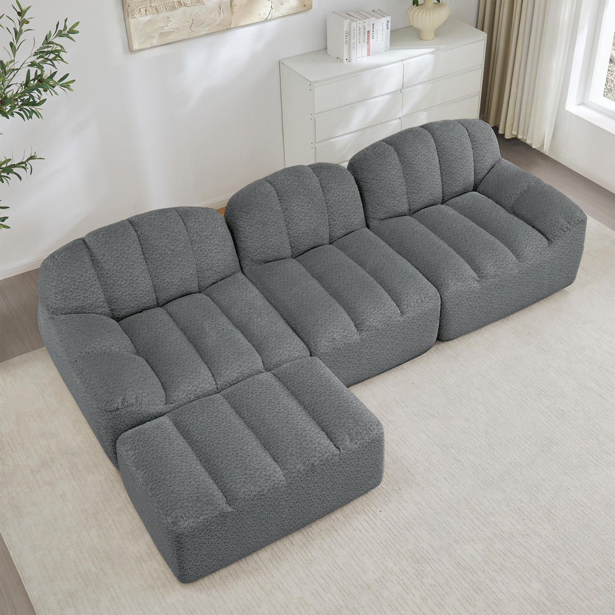 3-SITZER ECKSOFA Granulierter Fleece Grau mit Ottomane - Grau, Textil (288/165cm) - WISHDOR