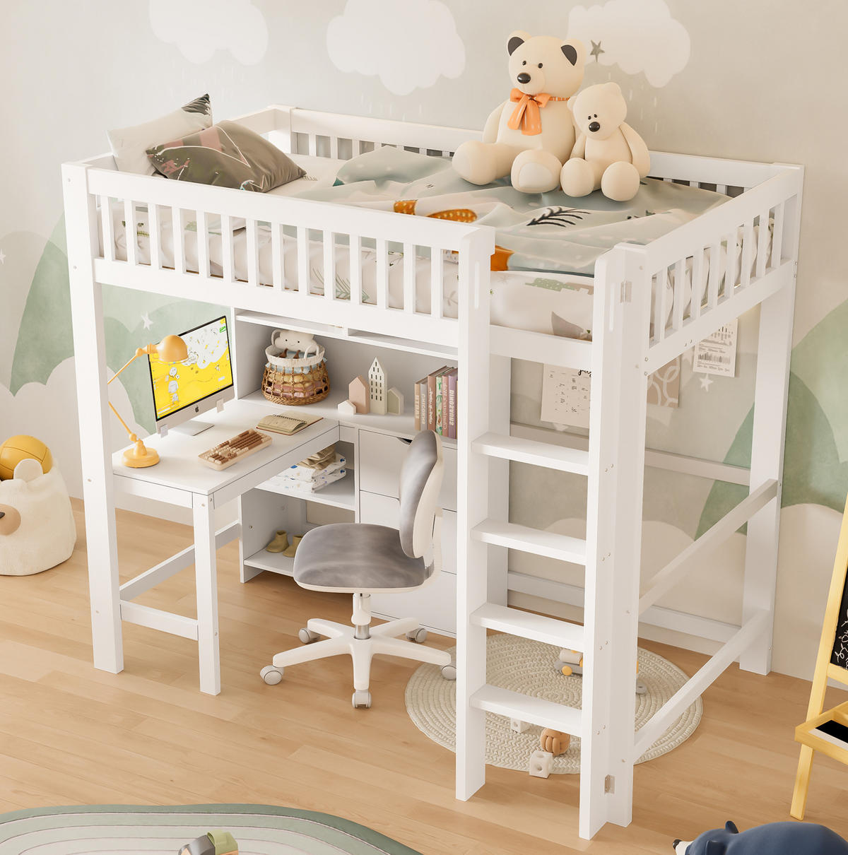 HOCHBETT mit Schreibtisch, 3 Schubladen, Weiß, 90/200 cm, ohne Matratze - Weiß, Holzwerkstoff (90/200cm) - MIVRAY