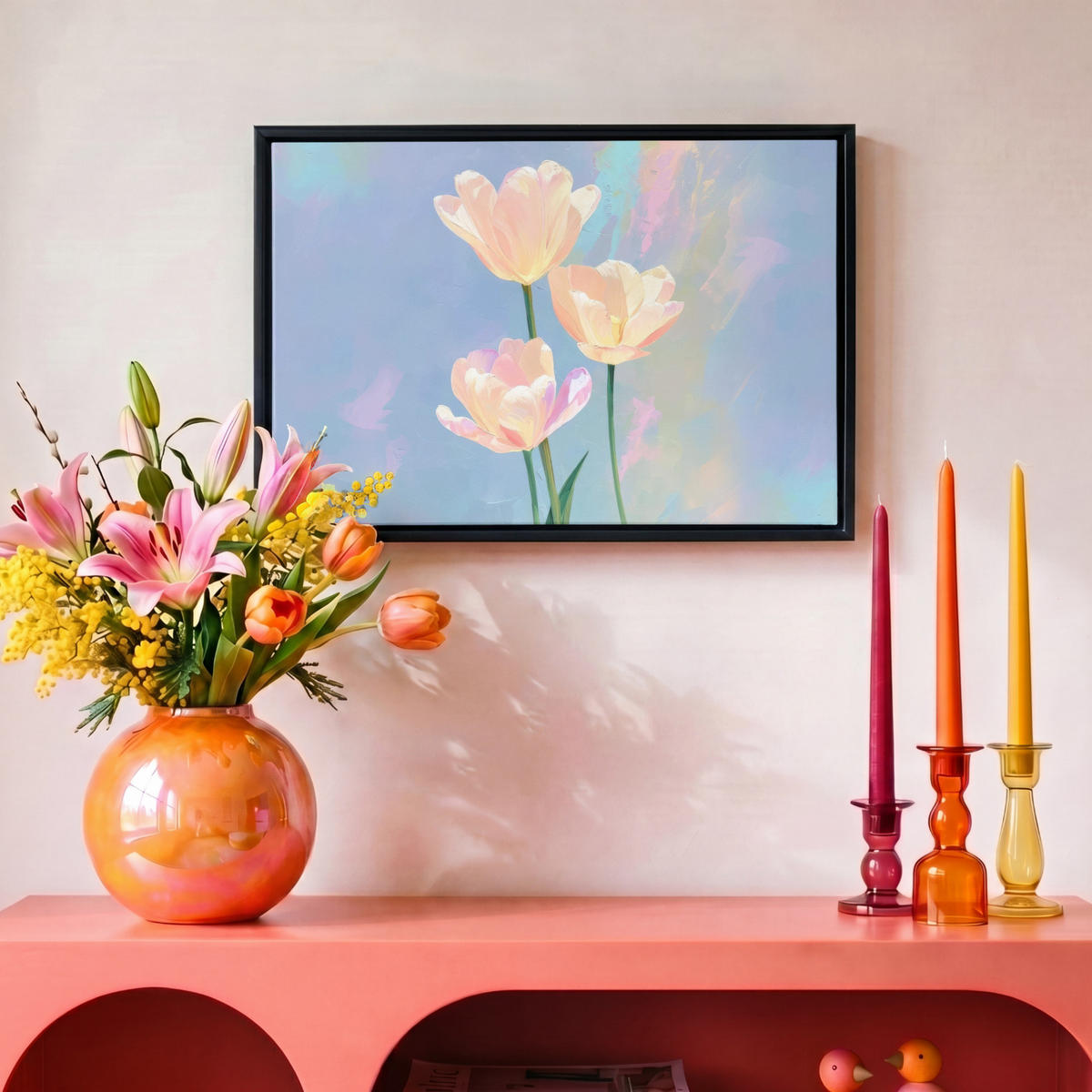 LEINWAND Bilder mit Rahmen - Tulpen - Rosa Akzente - Blau - 30x20 - Pastellblau, Textil (30/20cm) - MuchoWow