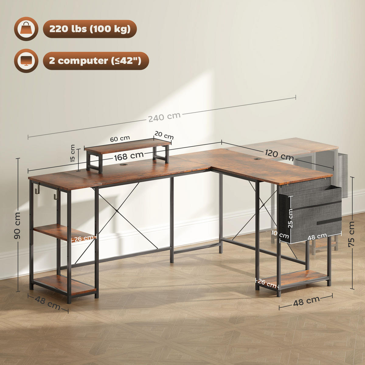 SCHREIBTISCH L-förmiger, 168 x 120 cm, Rustikal-Braun - Braun, Holz/Metall (120/168/90cm) - HOMCOM