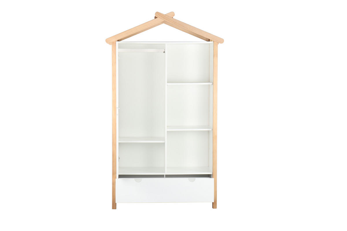 KLEIDERSCHRANK Malmö in Hausform - 1 Tür, 3 offene Fächer, 1 Schublade - Weiß, Holz (112/187/51cm) - TPFLiving