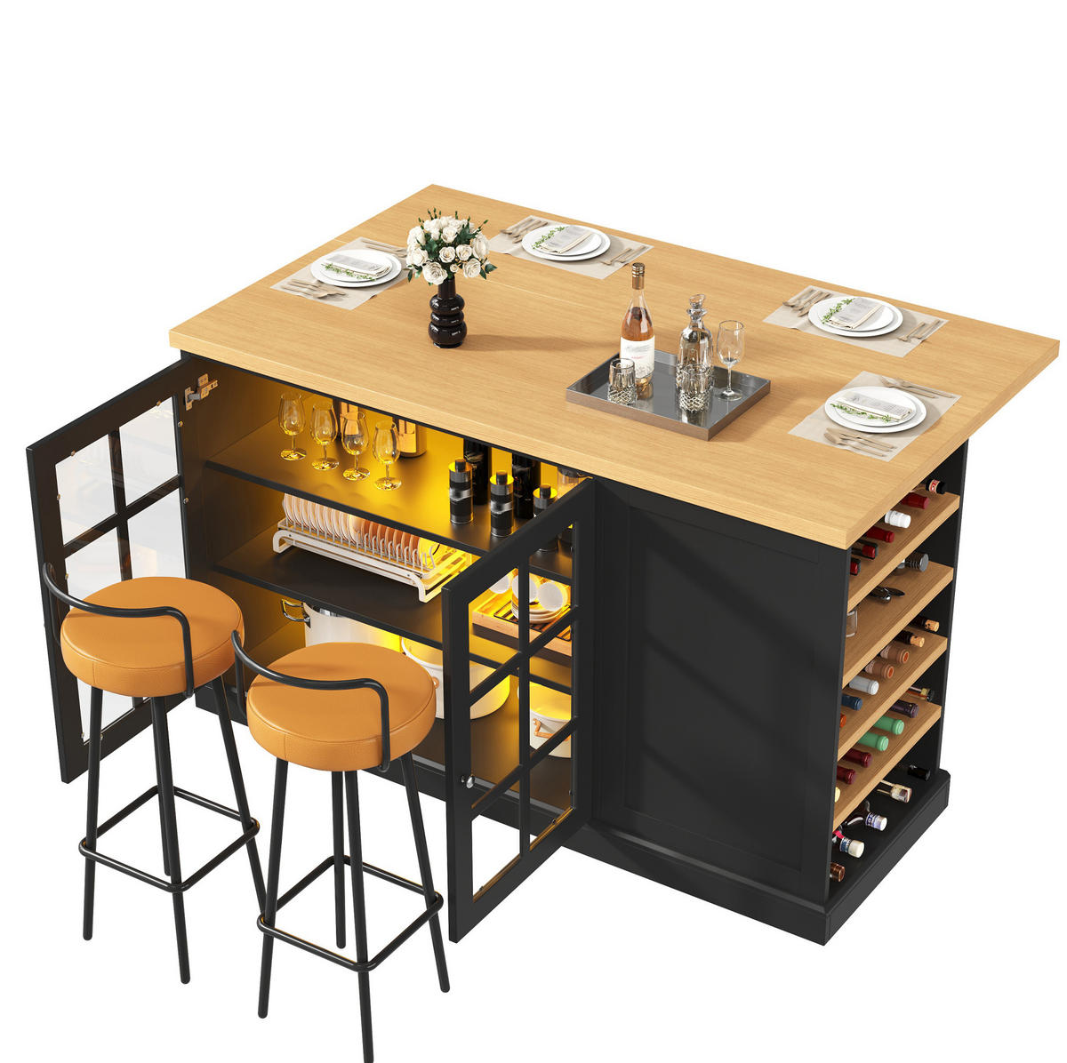 KÜCHENINSEL klappbar mit LED 120 x 40-70 x 90 cm Schwarz - Schwarz, Holz (70/90/120cm) - Beauniv