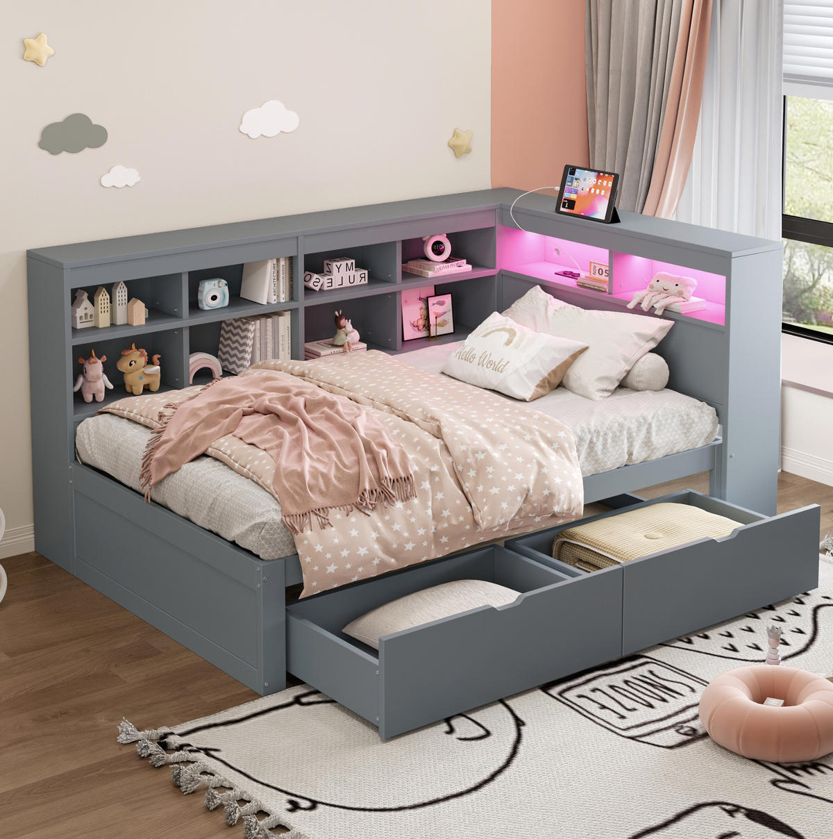 SCHLAFSOFA 90/200 cm mit USB-Steckdose, LED-Beleuchtung und Stauraum aus, Grau - Grau, Holzwerkstoff (116/90.5/222.3cm) - Redom