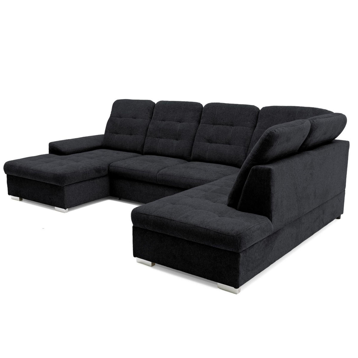 ECKSOFA U-Form OLIVIA U Rechts mit Schlaffunktion 124x257 Velours Schwarz - Silberfarben/Schwarz, Holz/Kunststoff (202/103/320cm) - Muffo