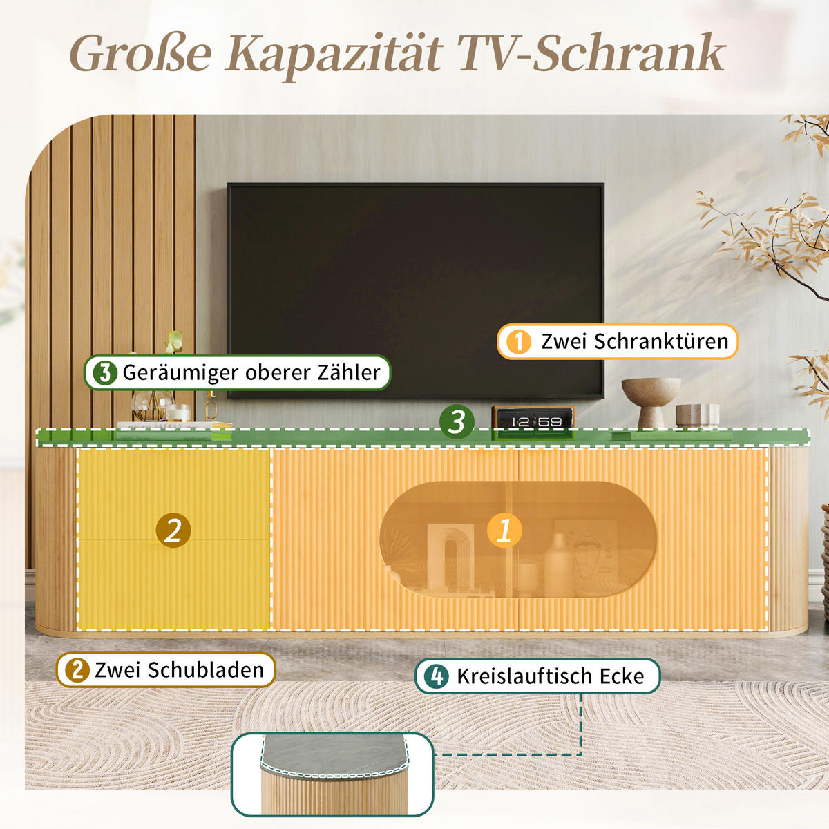 TV STOLEK vzhled dřeva a sklo moderní 172 cm design - přírodní, kompozitní dřevo (172/45.5/38cm) - Urban Meuble