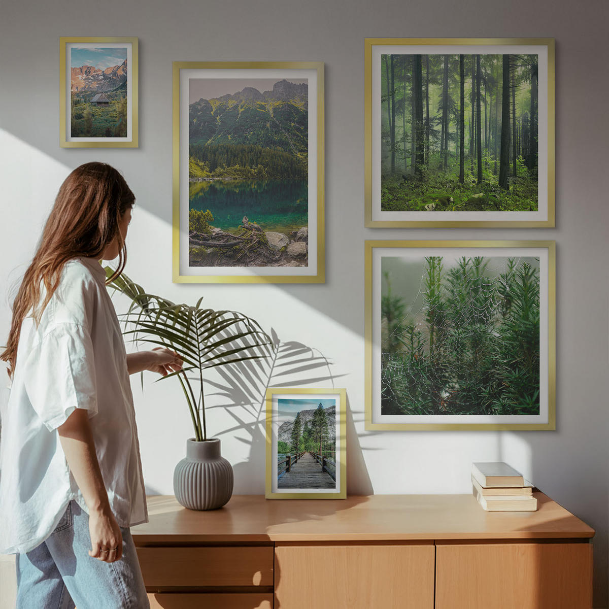 BILDER SET 5er Set - 50x50 cm & 20x30 cm & 40x60 cm Goldrahmen - Minimalistische Pflanzenzeichnungen - Goldfarben, Kunststoff (40/60cm) - TULUP