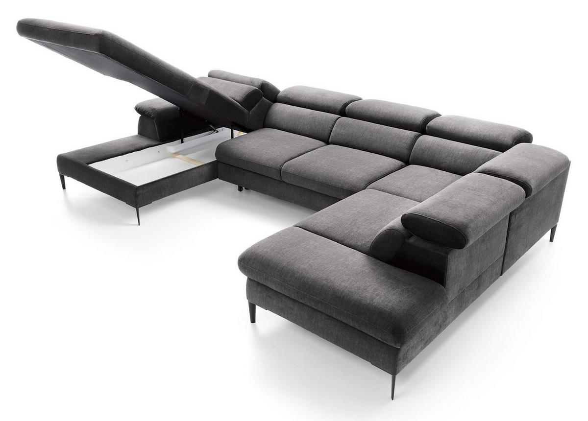 ECKSOFA U-Form 350 cm Amaro M mit Schlaffunktion, Links, Grau - Grau, Holz (214/353cm) - Emporius