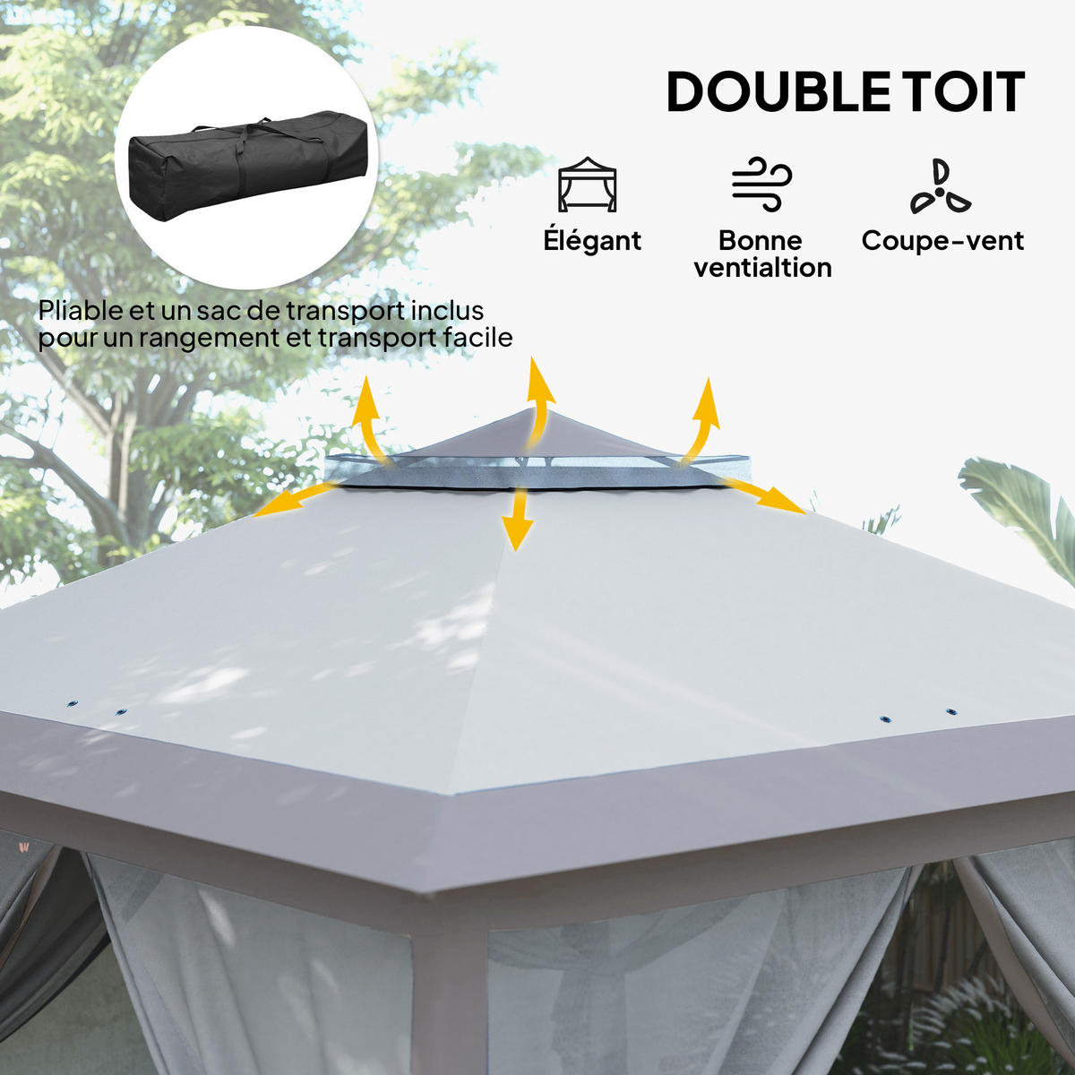 PAVILLON DE-13943 Pop-up 3/3 m, Doppeldach, 4 Moskitonetze - Grau, Textil (330/288/330cm) - ComfortXL