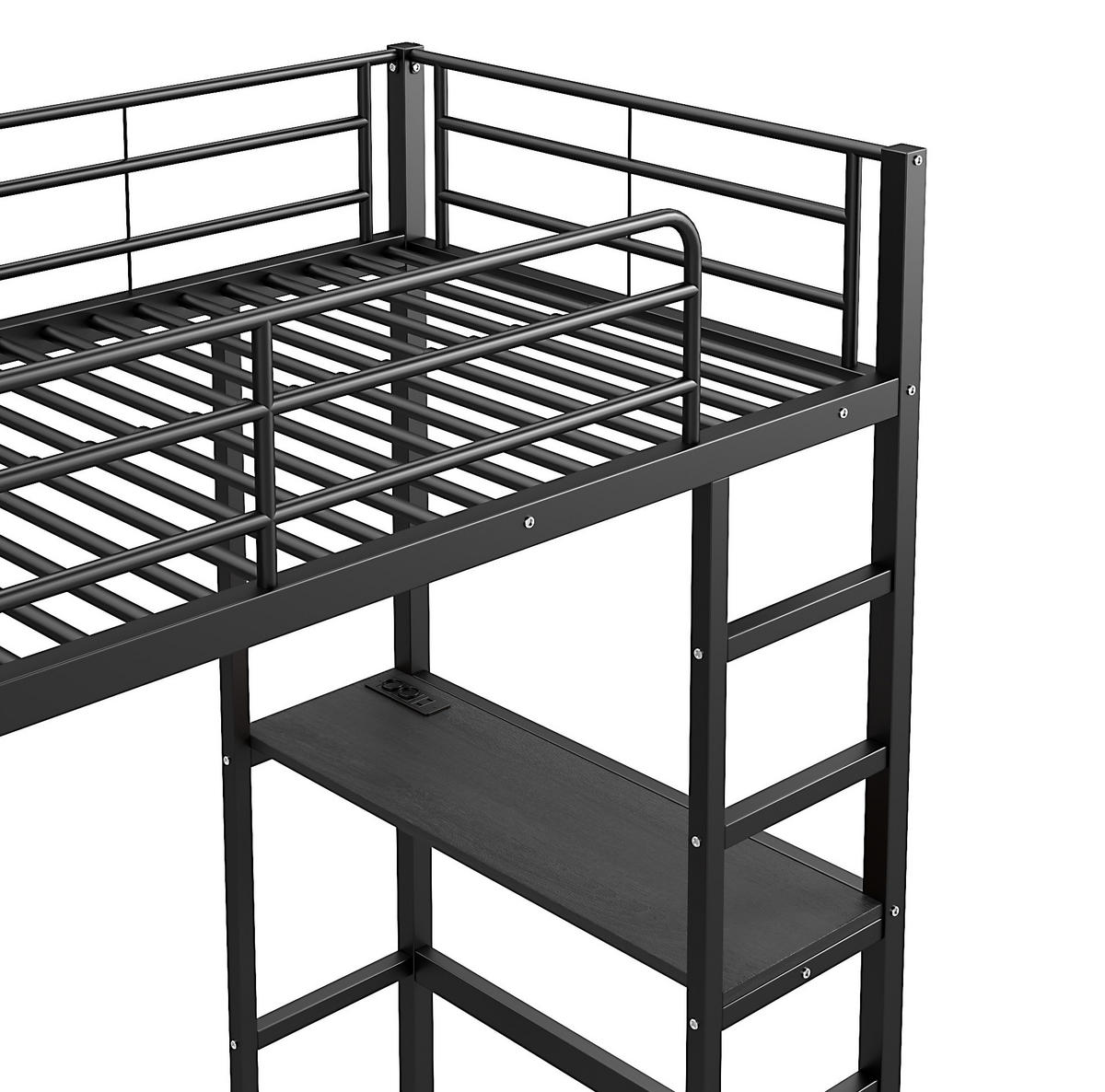 HOCHBETT mit Schreibtisch 90/200 cm in Schwarz – mit Regalen, USB und Rausfallschutz - Schwarz, Metall (90/200cm) - BEAOK
