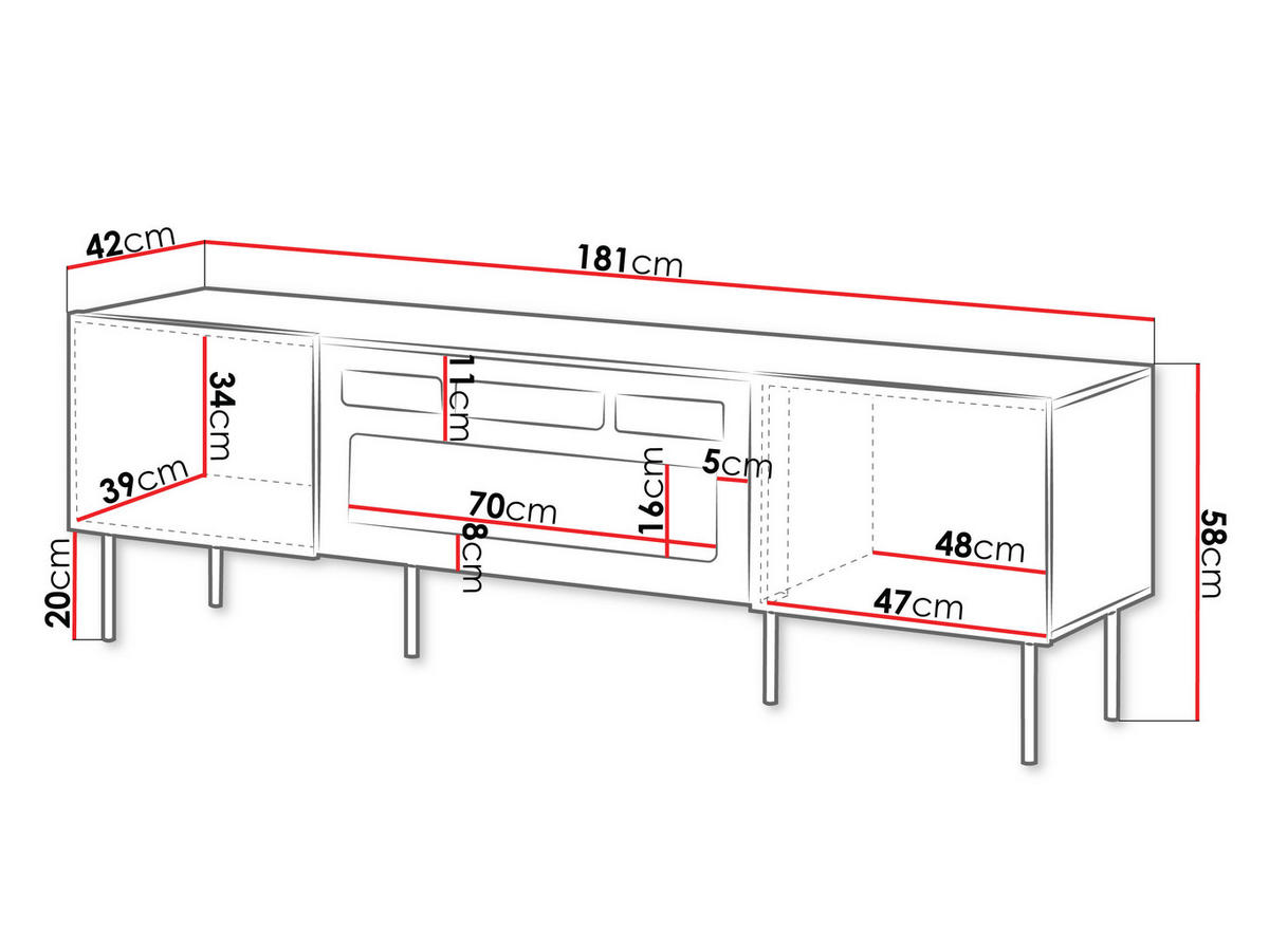 TV-ELEMENT Tacos 180 mit Elektrische Kamin - Schwarz/Braun, Holzwerkstoff/Metall (181/58/42cm) - MIRJAN24