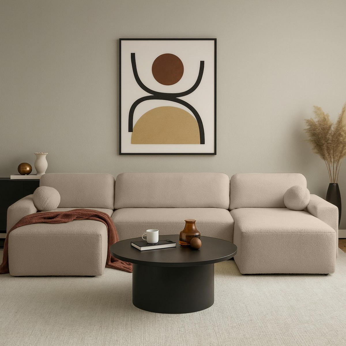 WOHNLANDSCHAFT Noel mit Schlaffunktion, Dunkelbeige, Bouclé-Stoff - Cappuccino, Holzwerkstoff (375/93/163cm) - Beautysofa