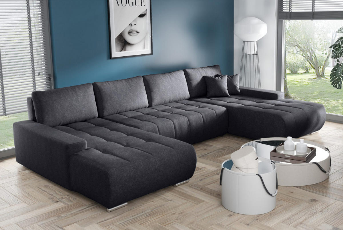 WOHNLANDSCHAFT mit Schlaffunktion Dhaka U, Dunkelgrau - Graphitfarben, Textil (185/85/350cm) - Fedve