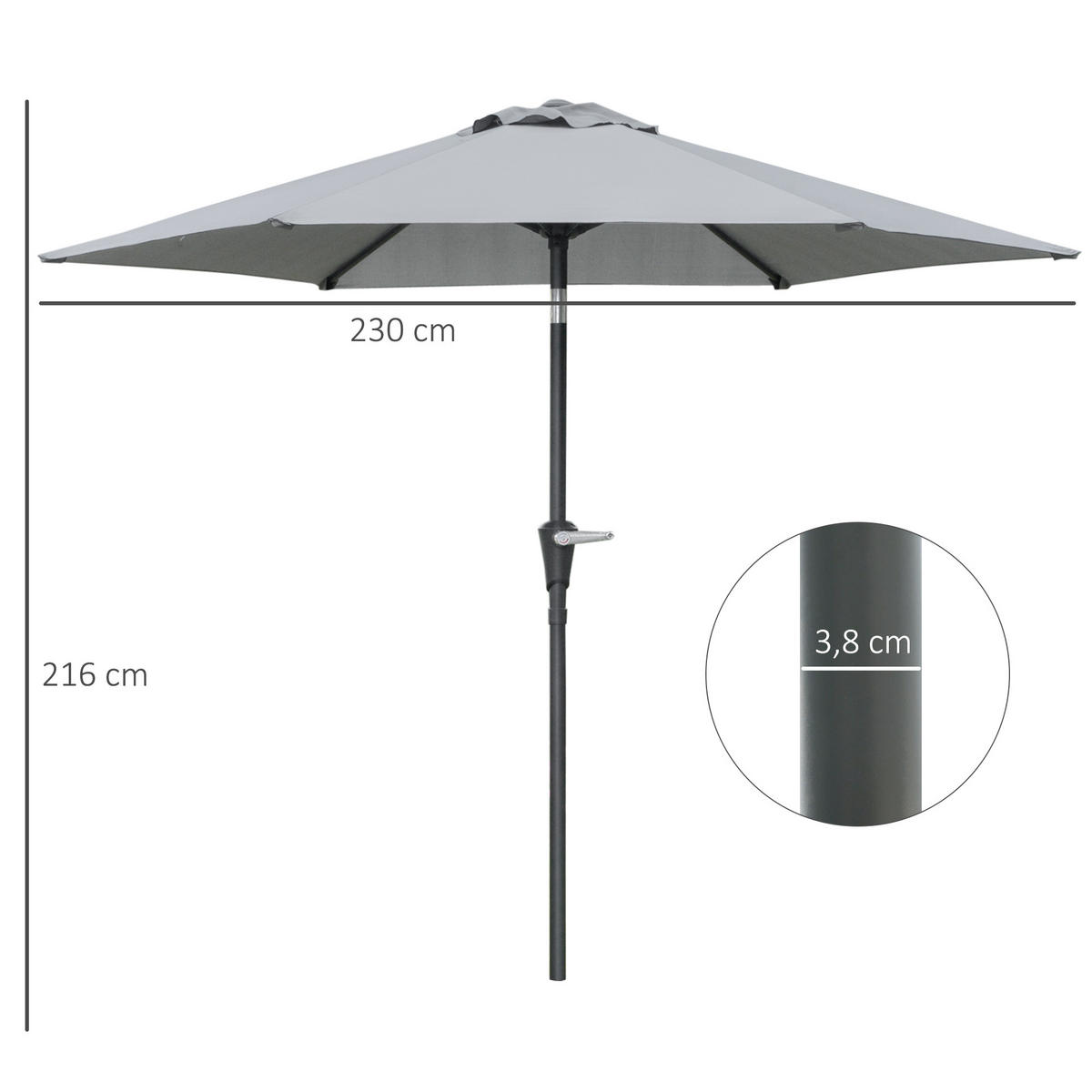 SONNENSCHIRM DE-11369 neigbar, hexagonal, mit Kurbel Grau - Grau, Metall (230/230cm) - ComfortXL