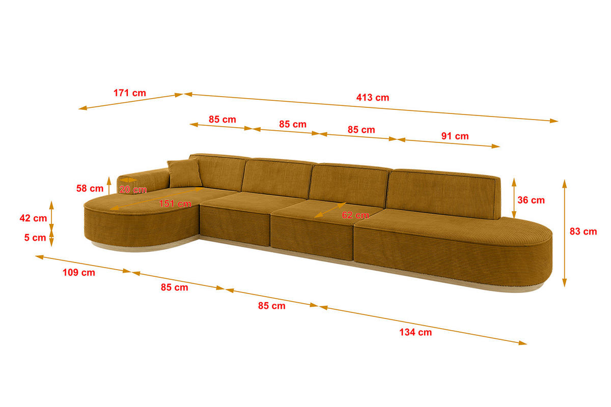 ECKSOFA Ottomane Links MARI-L3-v2 - 413x171x83 cm Senfgelb Cord - Gelb, Holzwerkstoff/Textil (413/171cm) - ALTDECOR