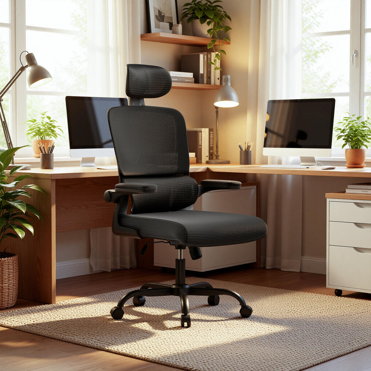 BÜROSTUHL Schwarz ergonomisch mit klappbaren Armlehnen - Schwarz, Metall (25/52.5/65cm) - Rattrix