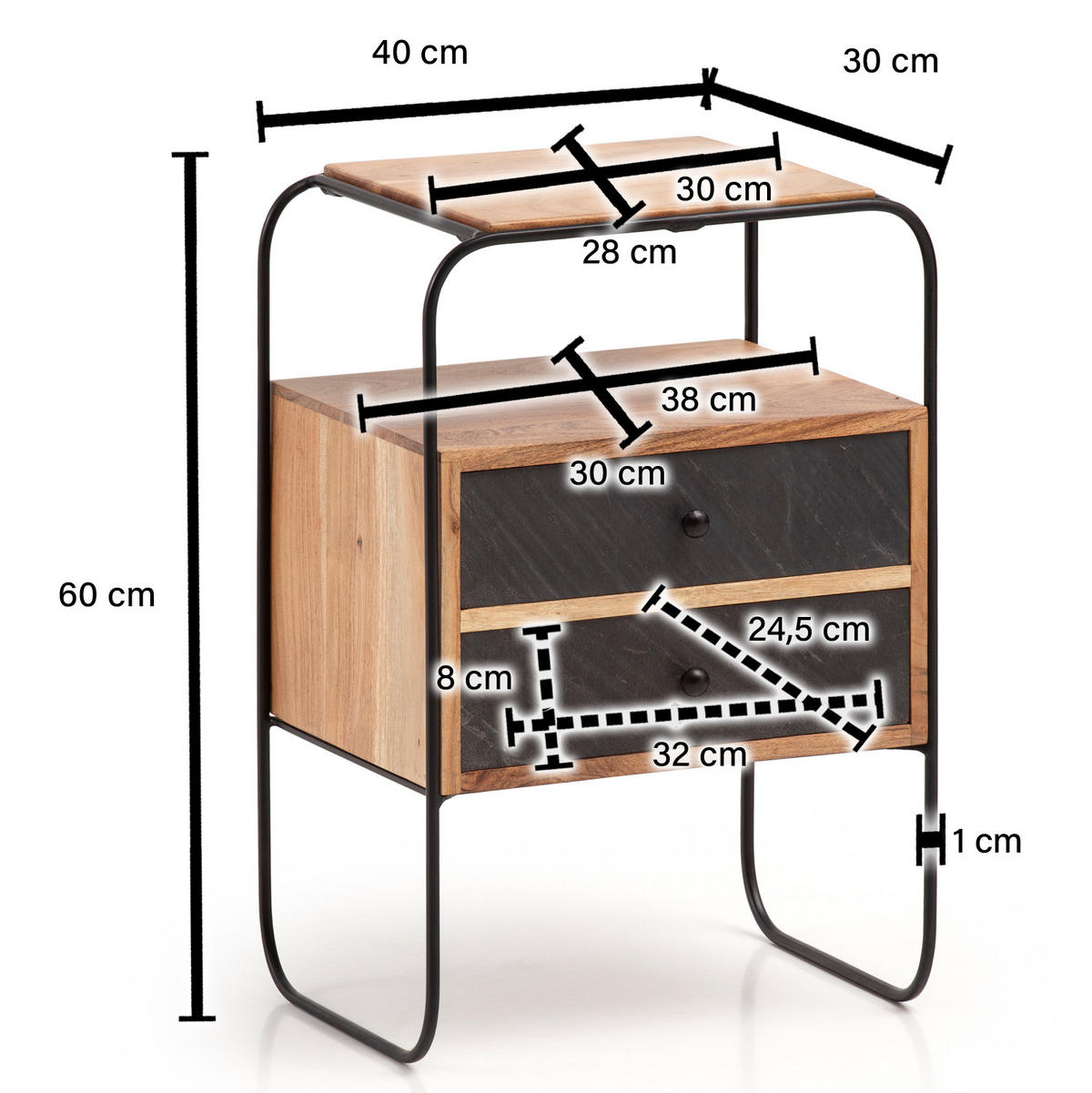 NACHTTISCH Massivholz Steinoptik 2 Schubladen Ablage Metallgestell, Akazie 40x30x60 cm - Schwarz/Akaziefarben, Holz/Metall (40/60/30cm) - KADIMA DESIGN