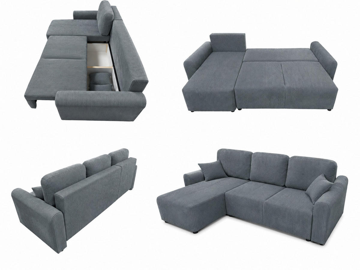 ECKSOFA HENRY in Grau mit Schlaffunktion und Bettkasten - Grau, Textil (232/150cm) - KS Home Concept