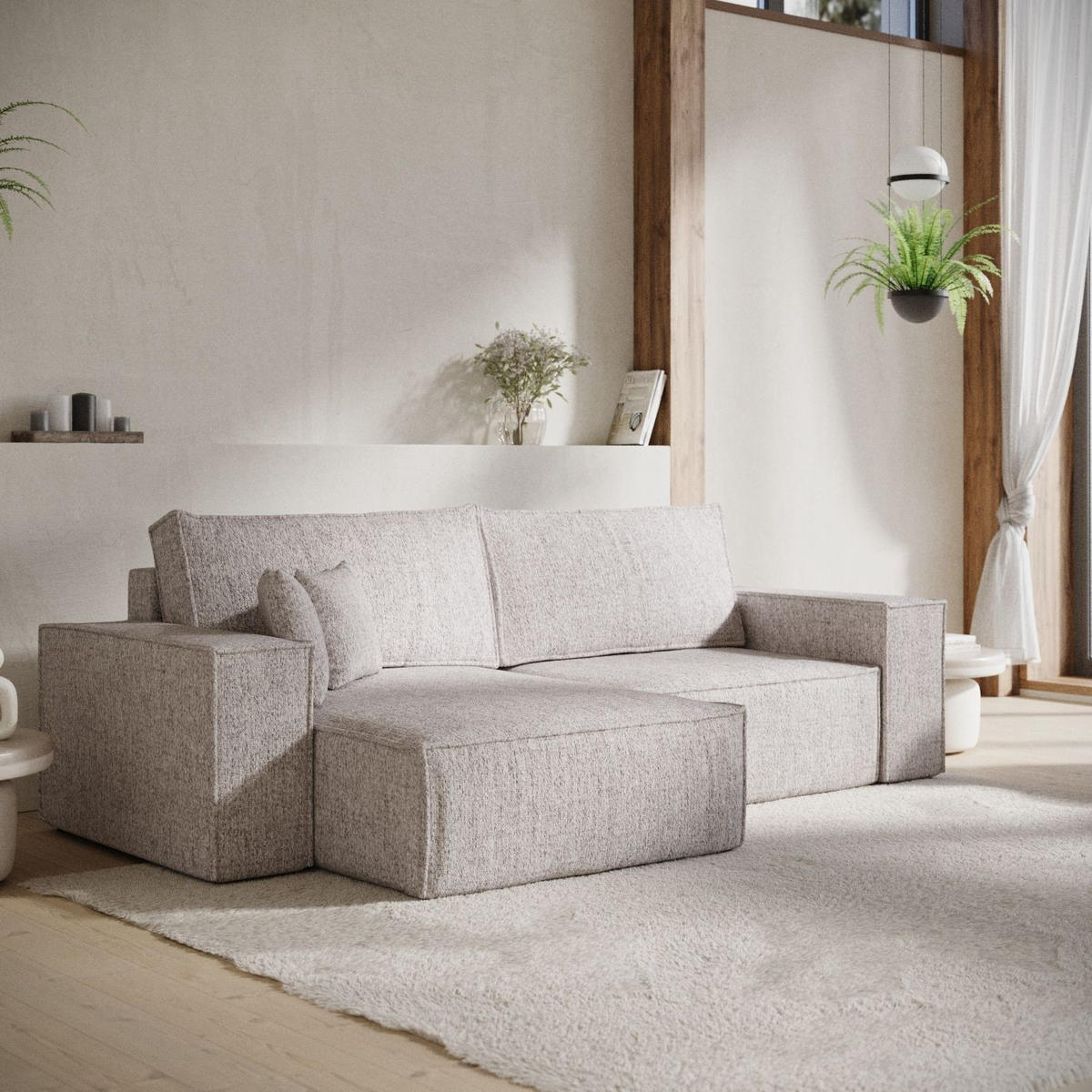 ECKSOFA CAVO mit Schlaffunktion Beige im Neve Stoff - Beige/Schwarz, Holz/Holzwerkstoff (255/148cm) - AltaBeds