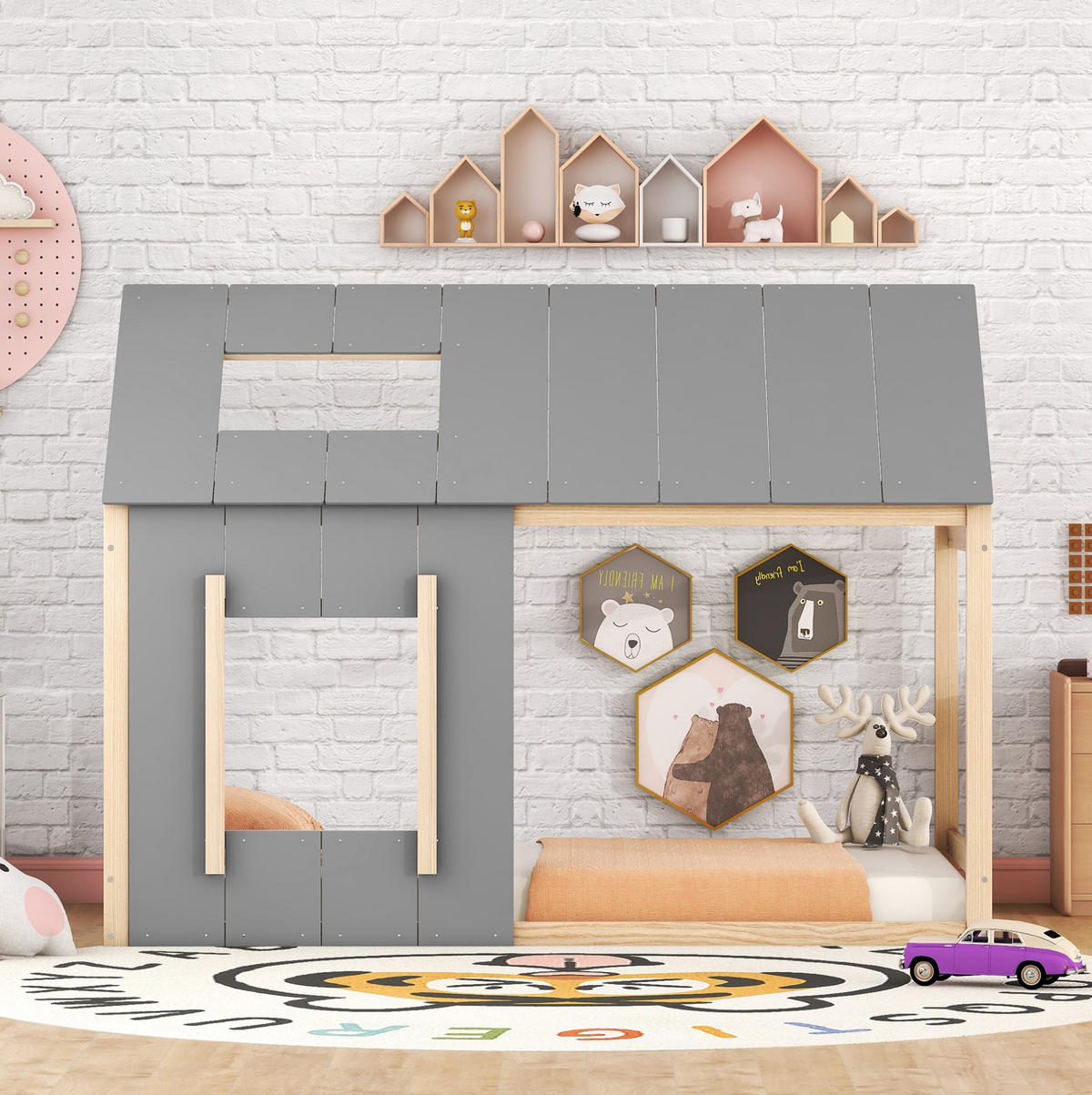 KINDERBETT 90/200 cm in Hausform aus Kiefernholz und MDF, Natur/Grau - Grau, Holz (90/200cm) - BEAOK