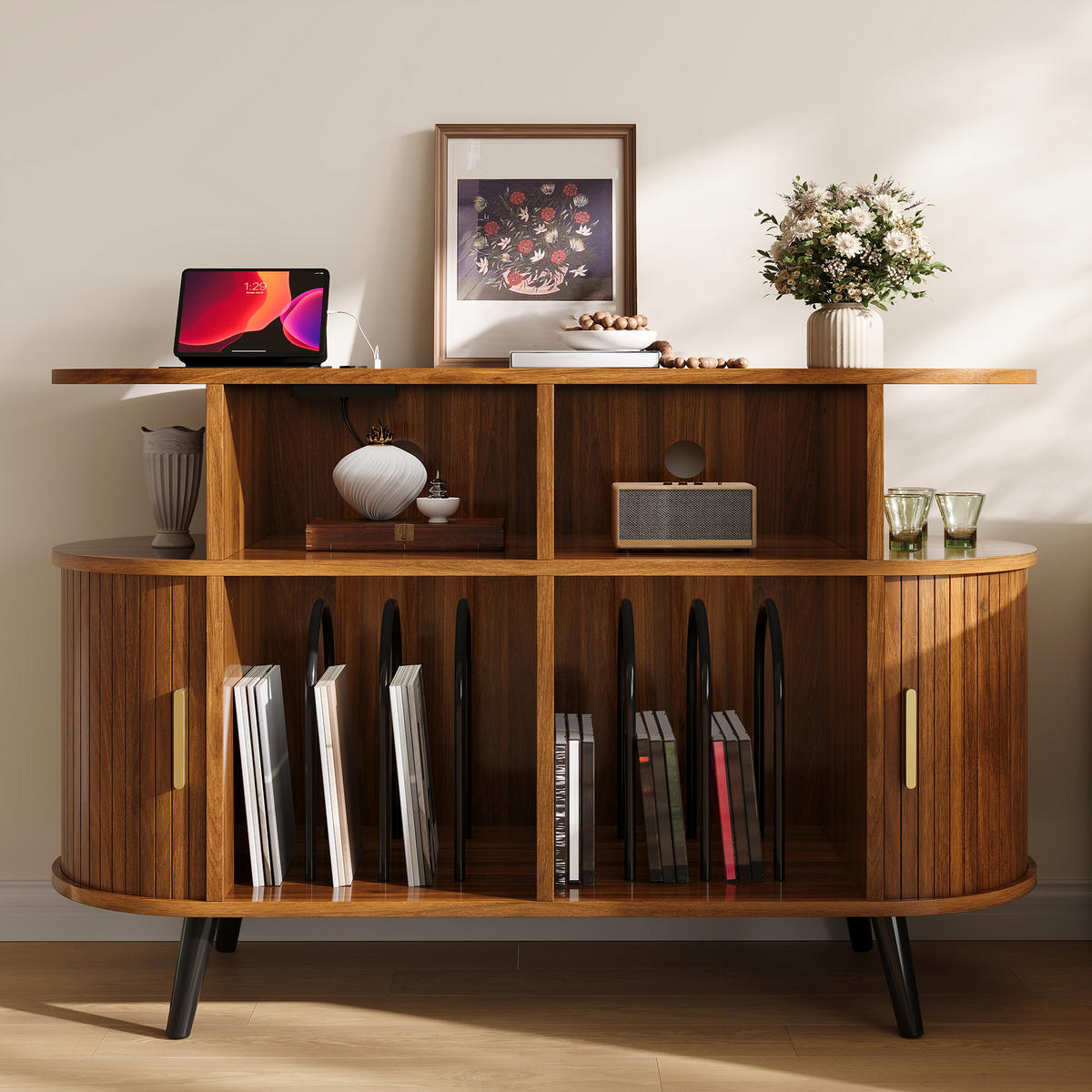 TV-SCHRANK MDF mit Schiebetür und Ladestation - Walnussfarben, Holzwerkstoff (110/76/40cm) - FLIEKS